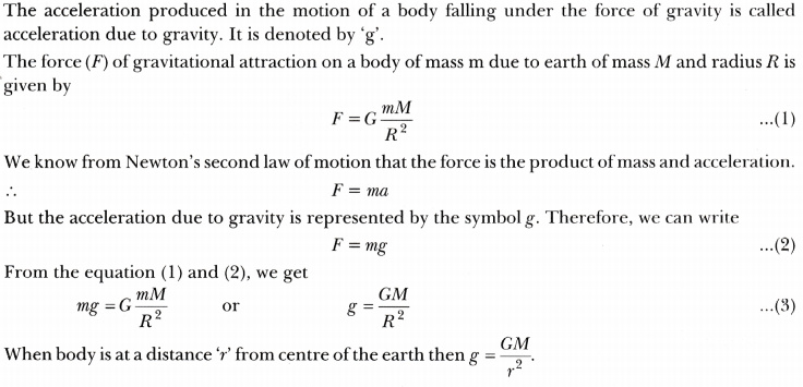 Define acceleration due to gravity. Derive an expression for