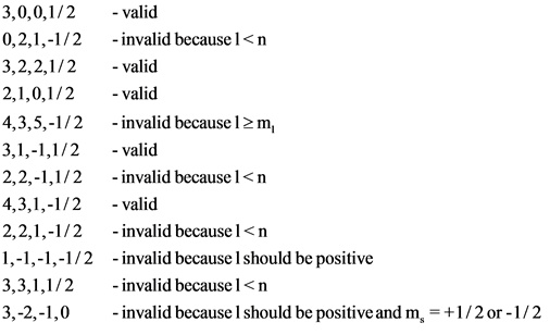 Identify which sets of quantum numbers are valid for an electron. Each