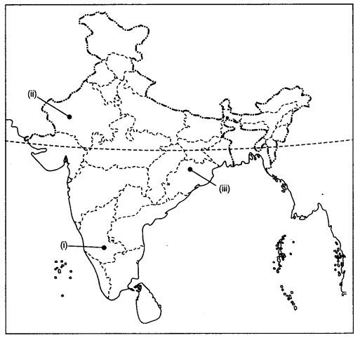 Three features (i), (ii) and (iii) are marked on the given map of India ...